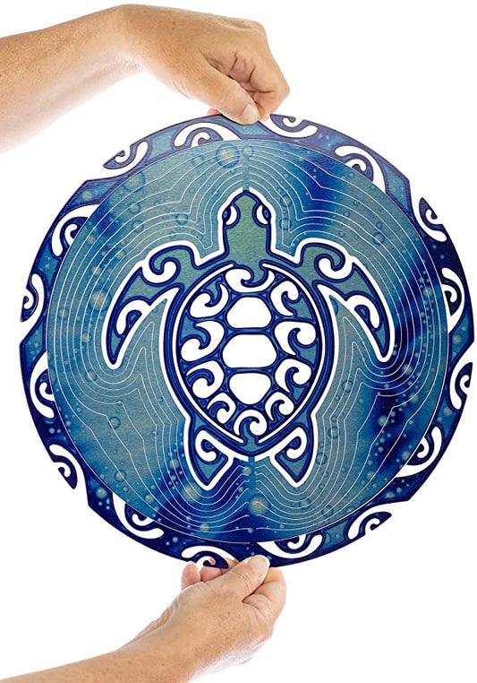 Tribal Navy Blue Sea Turtle Wind Spinner Kinetic 3D Metal Decorative Outdoor Garden Yard