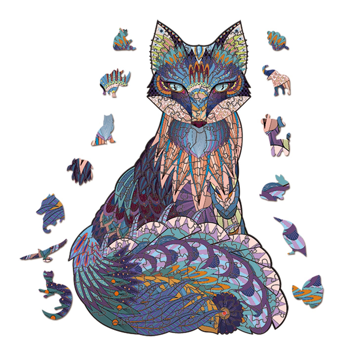 Blue Tribal Fox Jigsaw Puzzle - Unique Shaped Wooden Puzzles