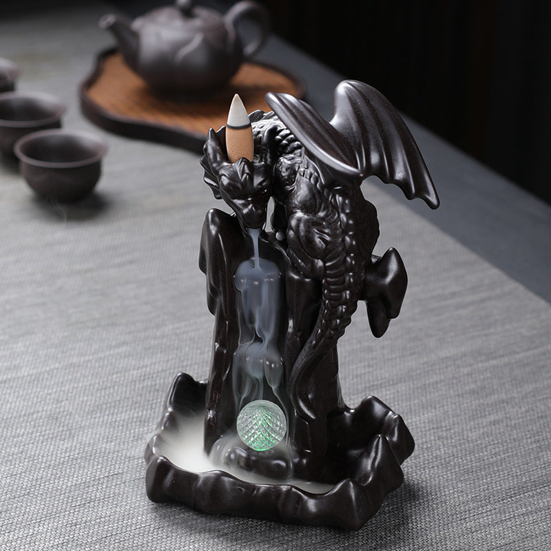 Black Dragon Climbing Mountain with Gem Backflow Incense Burner
