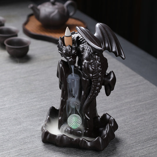 Black Dragon Climbing Mountain with Gem Backflow Incense Burner