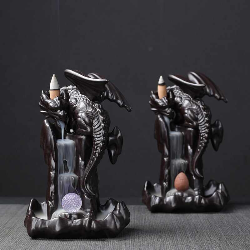 Black Dragon Climbing Mountain with Gem Backflow Incense Burner