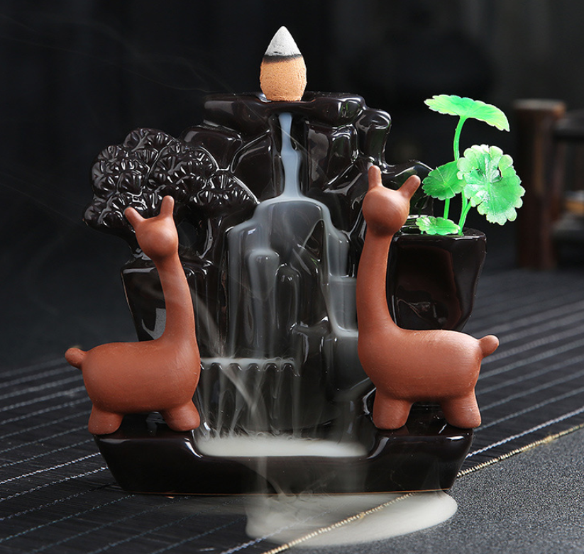 Cute Double Swan Double Deer Ceramics Waterfall Incense Burner for Modern Home Decor