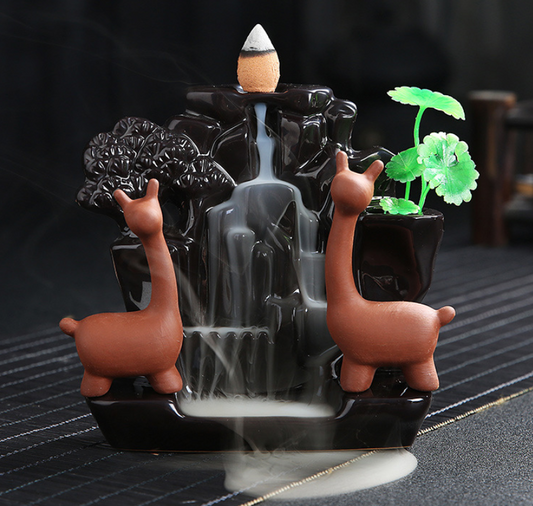 Cute Double Swan Double Deer Ceramics Waterfall Incense Burner for Modern Home Decor
