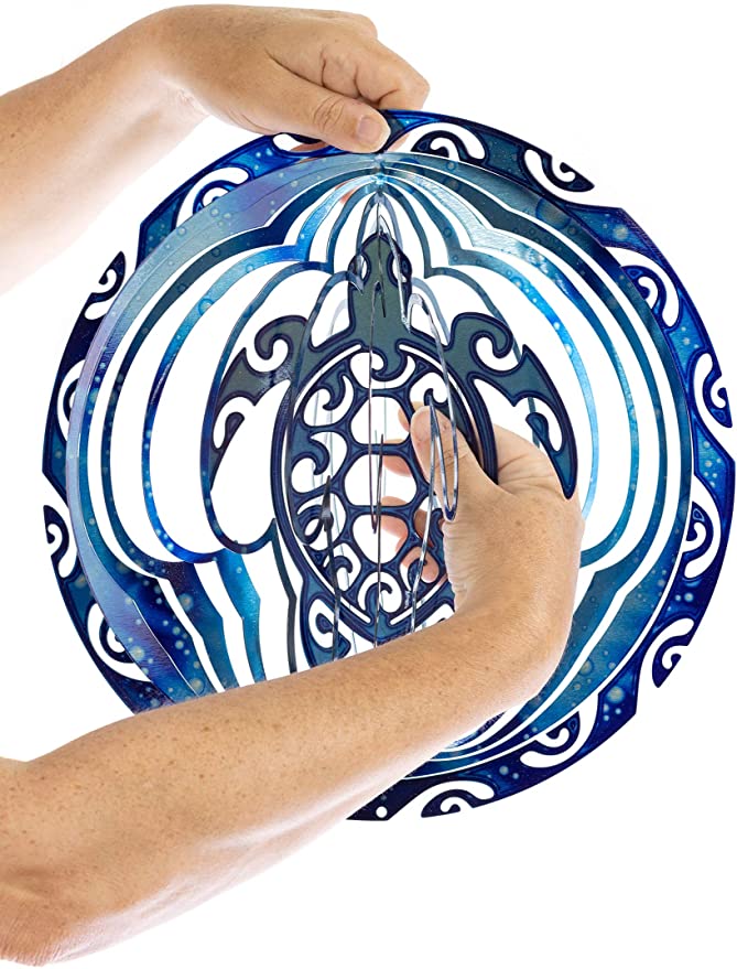 Tribal Navy Blue Sea Turtle Wind Spinner Kinetic 3D Metal Decorative Outdoor Garden Yard