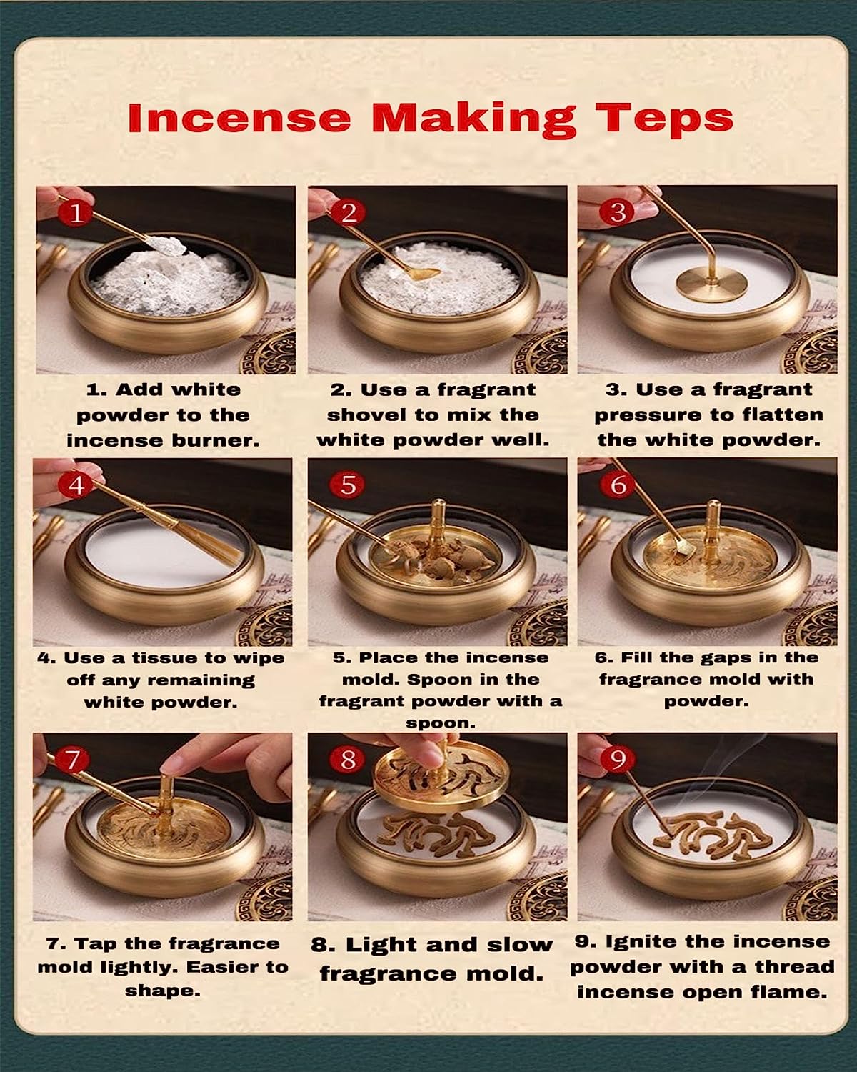 Agarwood Chinese Brass Incense Burner Set Powder Making Kit