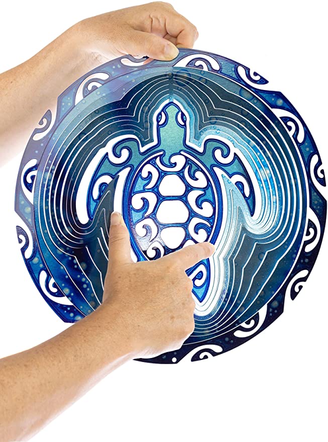 Tribal Navy Blue Sea Turtle Wind Spinner Kinetic 3D Metal Decorative Outdoor Garden Yard